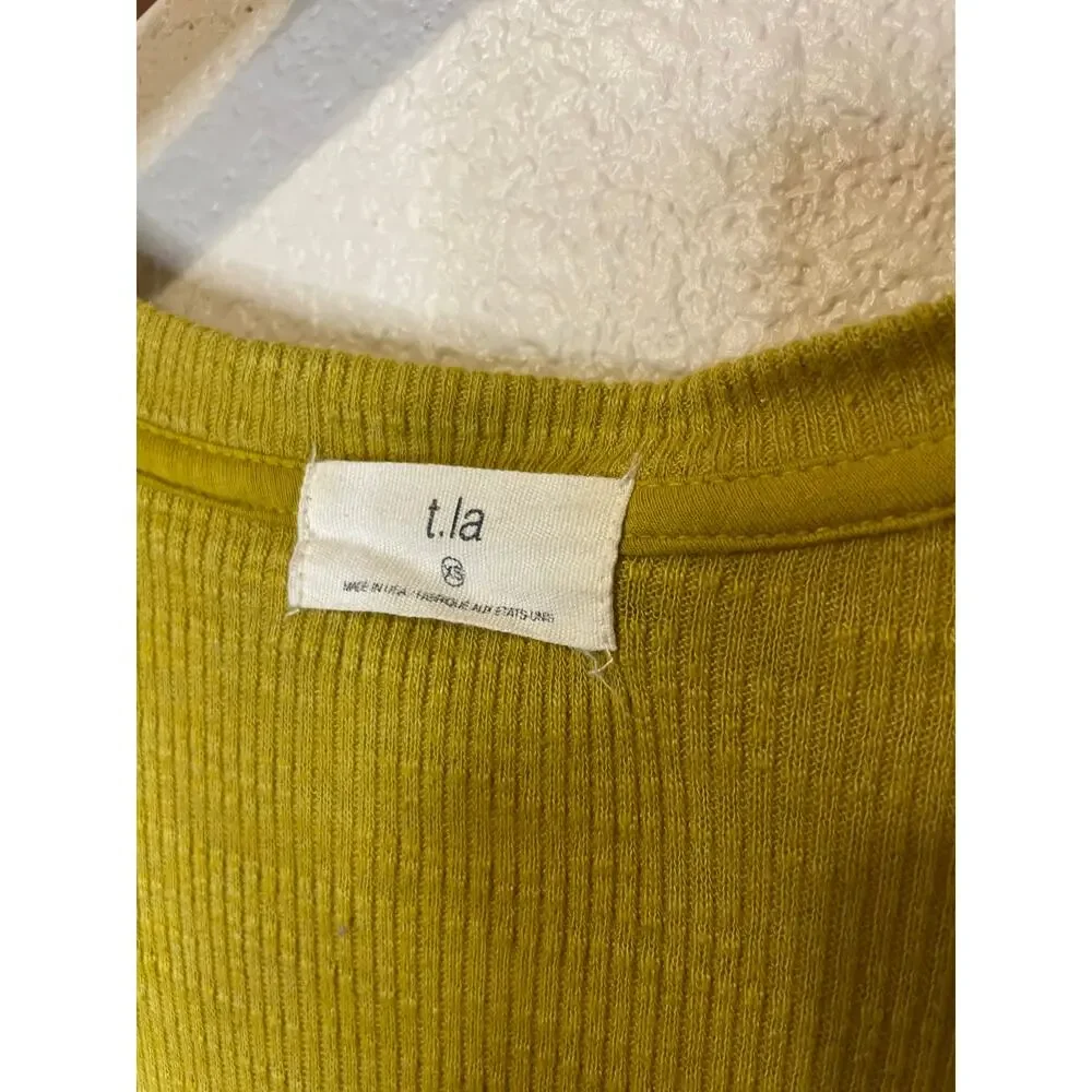 Anthropologie T.La V Neck Ribbed Babydoll Long Sleeve Top Citron Yellow Green XS - Picture 3 of 15